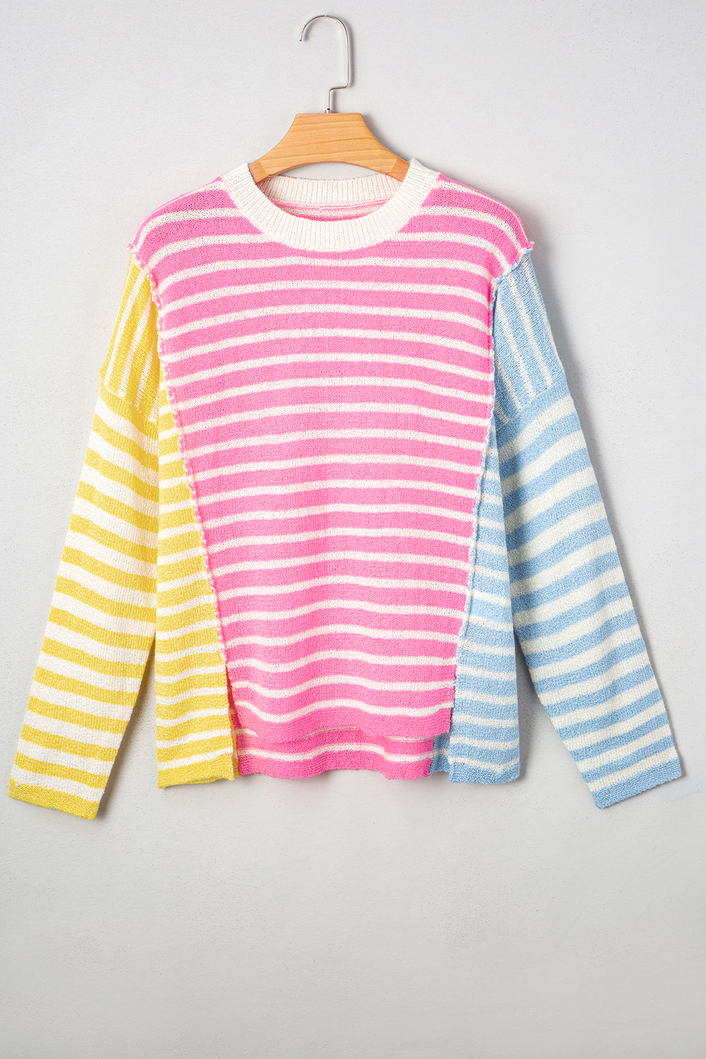 Multicolor Colorblock Striped Patchwork Dolman Sleeve Slit Sweater