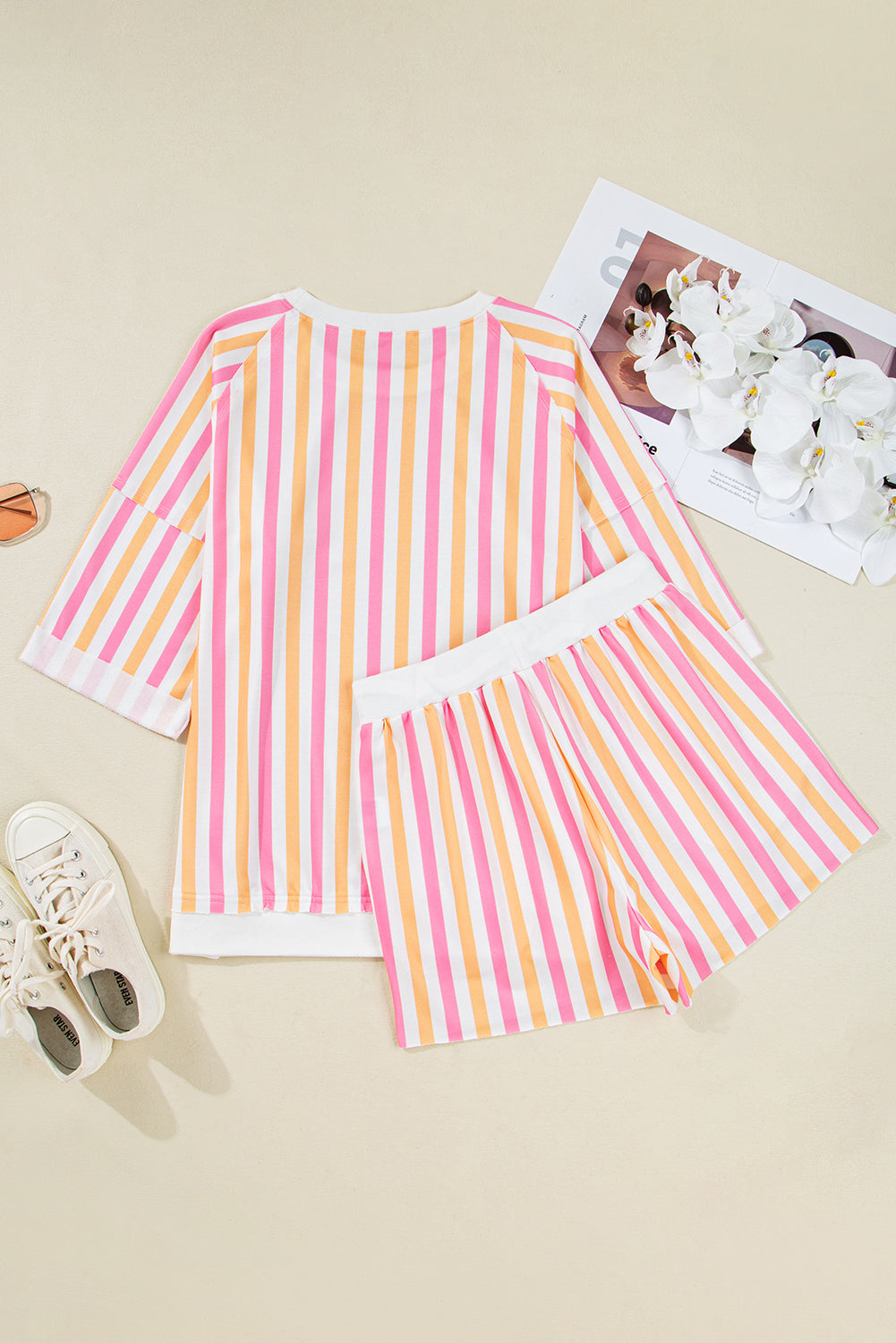 Pink Stripe Drop Shoulder Half Sleeve Loose Tee and Shorts Casual Set