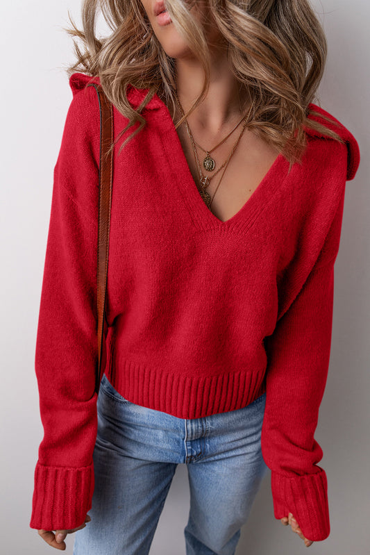 Red Collared V-Neck Ribbed Edge Elegant Sweater