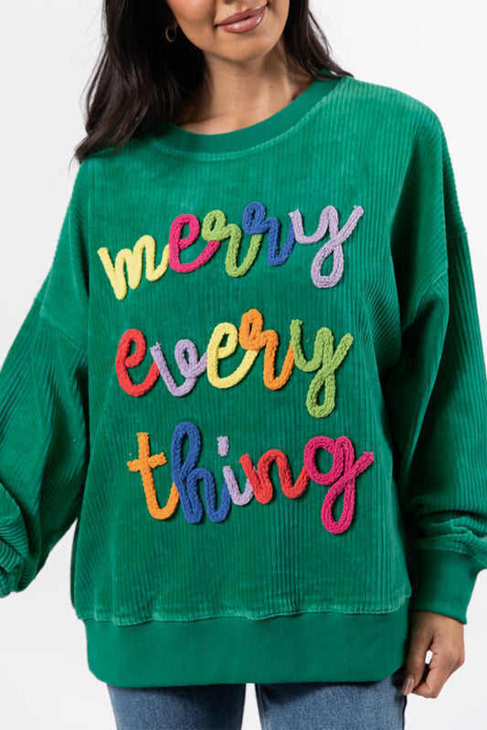 Dark Green Merry Everything Letter Graphic Ribbed Loose Sweatshirt