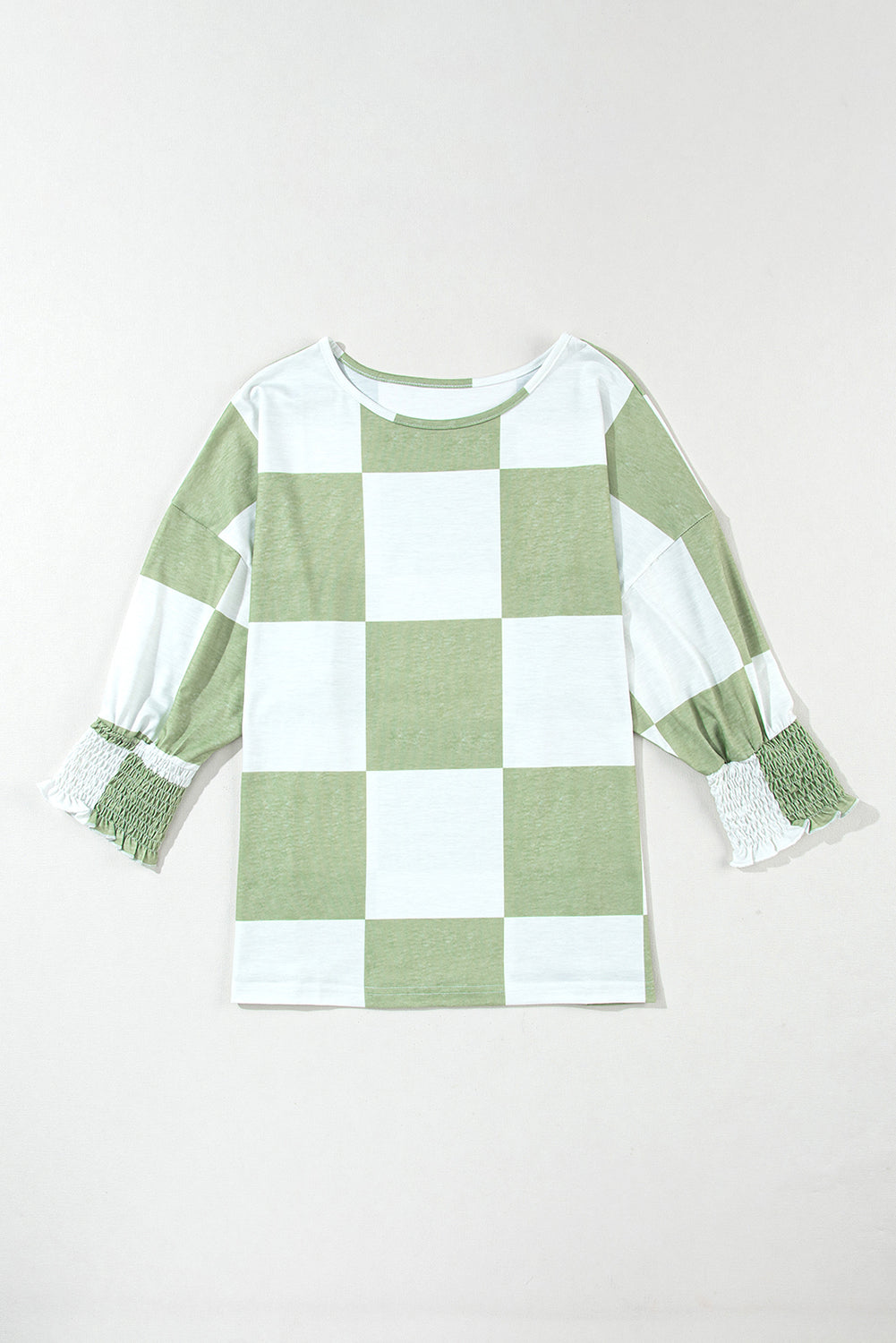 Grass Green Checkered Ruffle Smocked Cuffs Tee