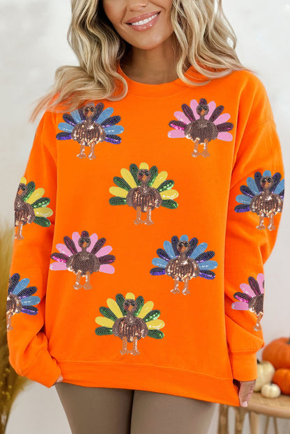 Orange Colorful Sequin Turkey Thanksgiving Graphic Sweatshirt