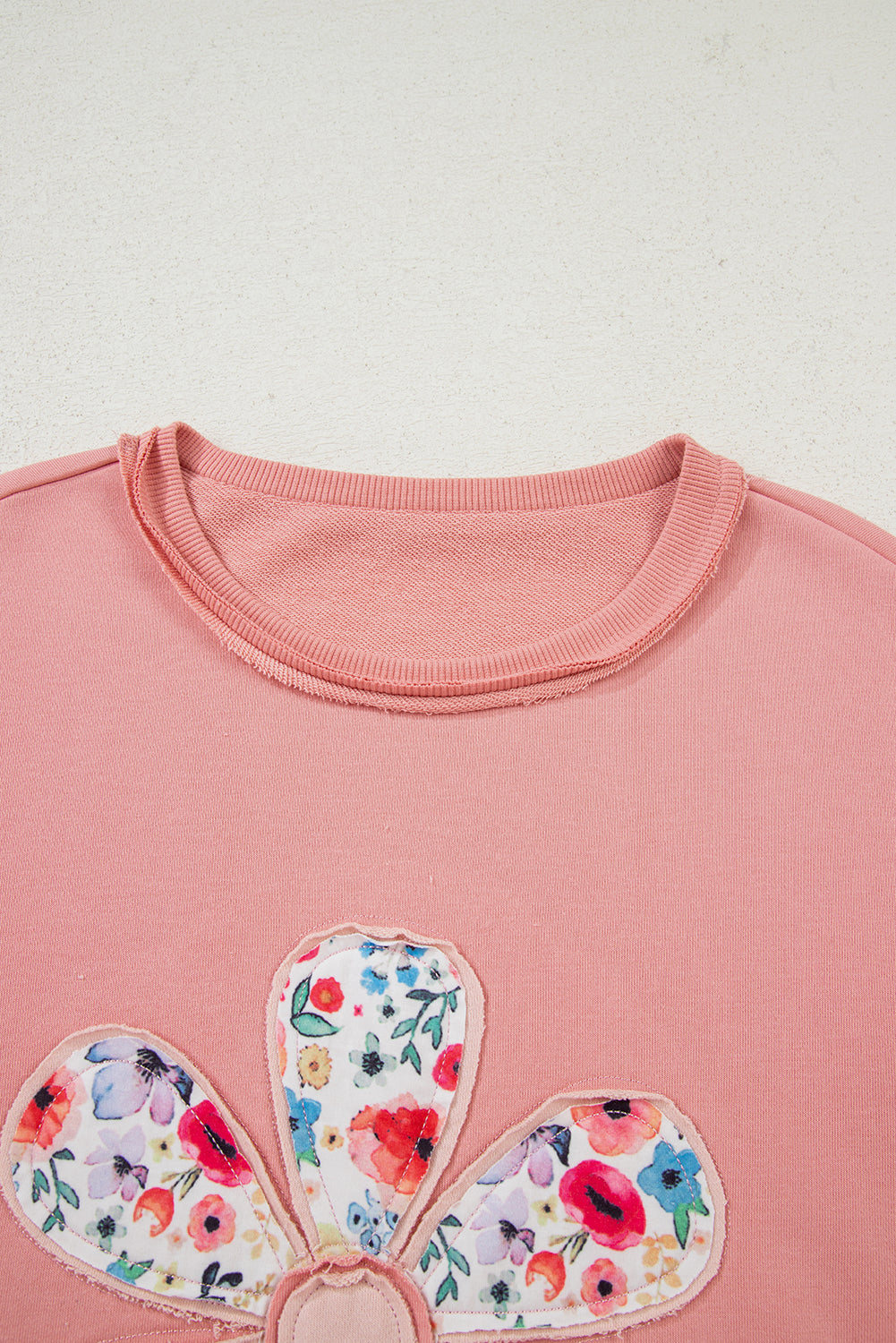 Peach Flower Applique Patchwork Drop Sleeve Pullover Sweatshirt