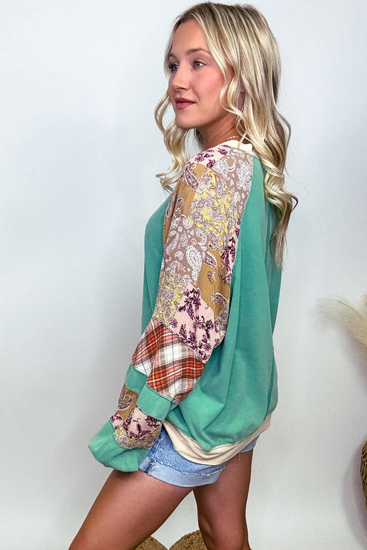 Sky Blue Plaid Floral Patchwork Raglan Sleeve Plus Size Sweatshirt