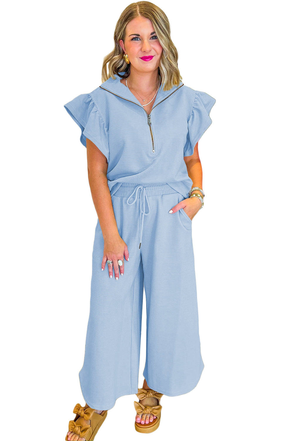 Textured Ruffle Sleeve Zip Top & Wide-Leg Pants Set