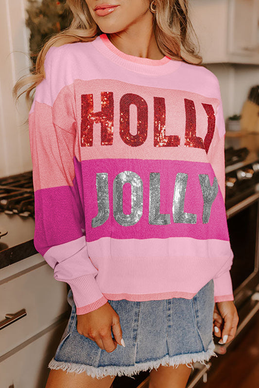 Pink Holly Jolly Sequined Color Block Crew Neck Sweater