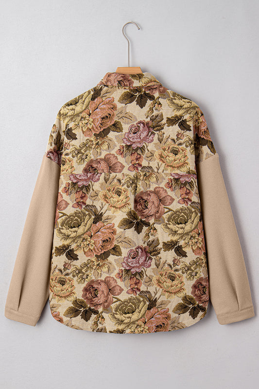 Floral Waffle Knit Patchwork Chest Pockets Buttoned Jacket