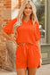 Orange Textured V Neck T Shirt and Shorts Set