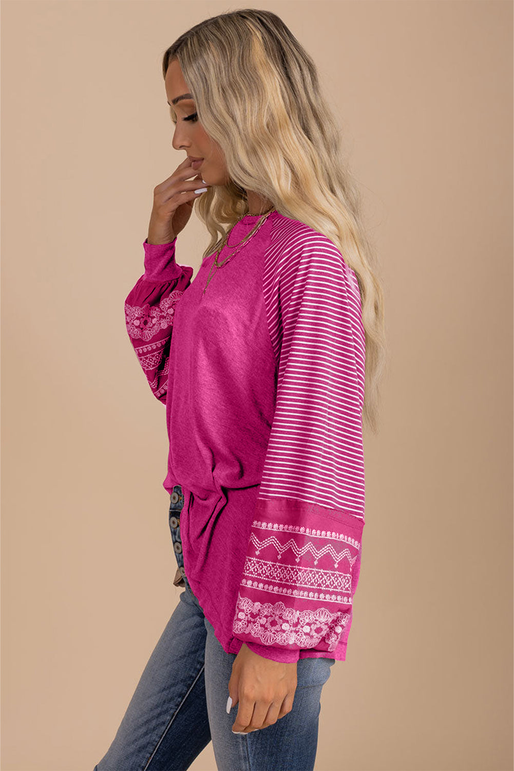 Pink Contrast Print Striped Raglan Long Sleeve Loose Top
