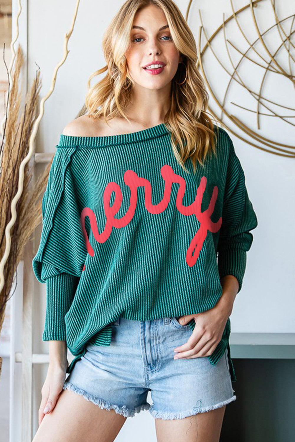 Green Merry Graphic Corded Batwing Sleeve Knit Top