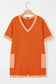 Orange Two-tone Short Sleeve V-Neck Patched Pocket Loose Romper