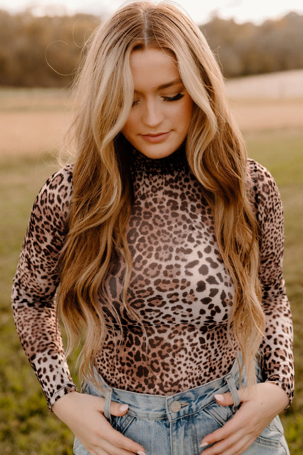 Leopard Mesh Smocked Neck Long Sleeve Bodysuit