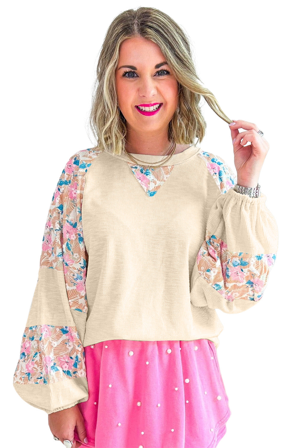 Apricot Crinkle Rib Floral Patchwork Balloon Sleeve Top