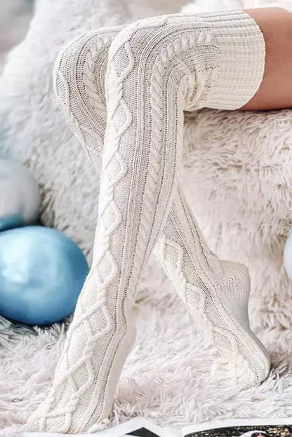 Bright White Cable Knit Thigh High Winter Socks