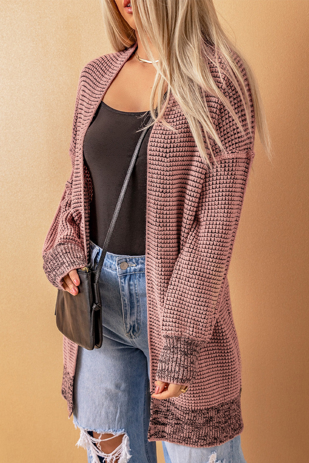 Rose Plaid Contrast Trim Casual Knit Long Cardigan