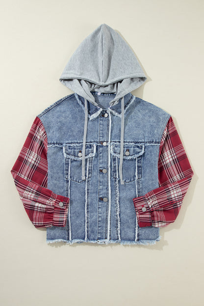 Beau Blue Plaid Print Patchwork Hooded Raw Hem Denim Jacket