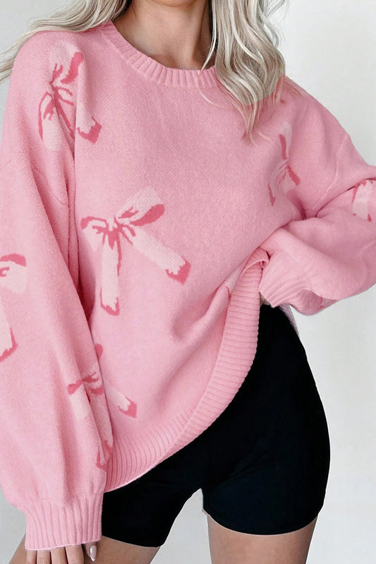 Pink Bow Jacquard Pullover Knitted Sweater