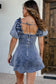 Square Neck Ruffle Trim Backless Puff Sleeve Denim Dress