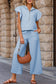 Beau Blue Textured Ruffled Sleeve Zipped Top and Wide Leg Pants Set