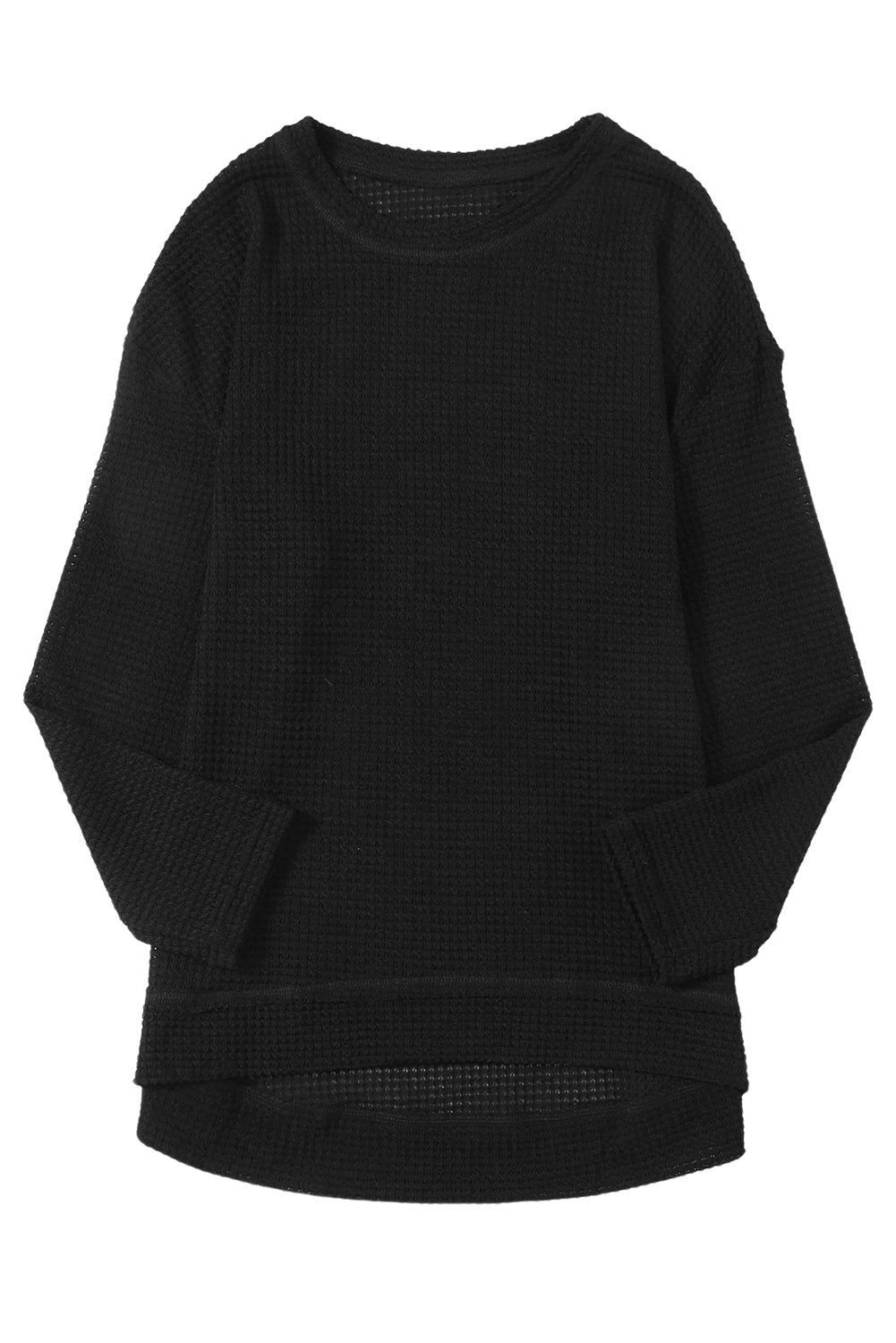 Black Plain Waffle Knit Drop Sleeve Side Slits Oversized Top