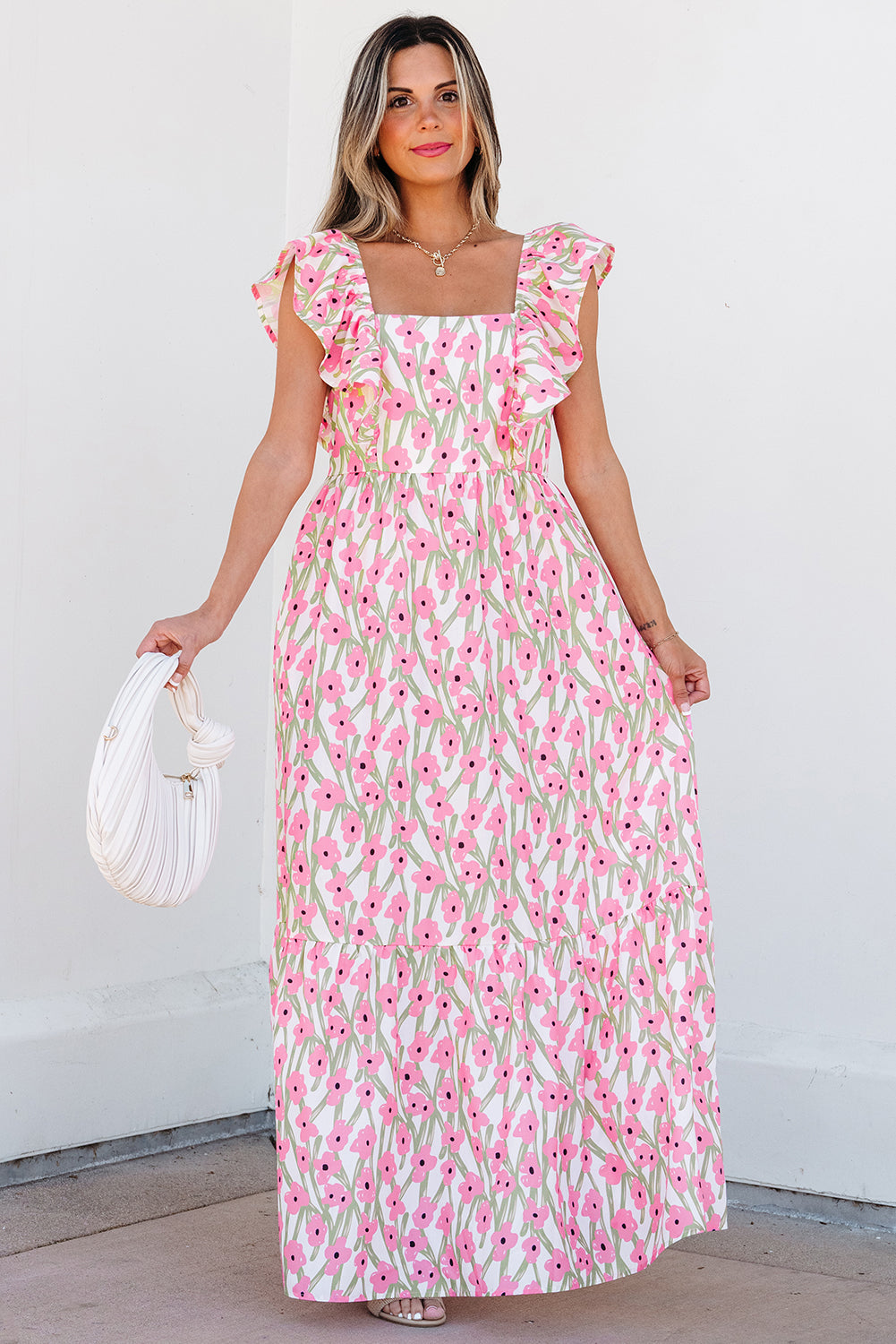 Pink Floral Ruffle Strap Maxi Dress – Cottagecore Square Neckline