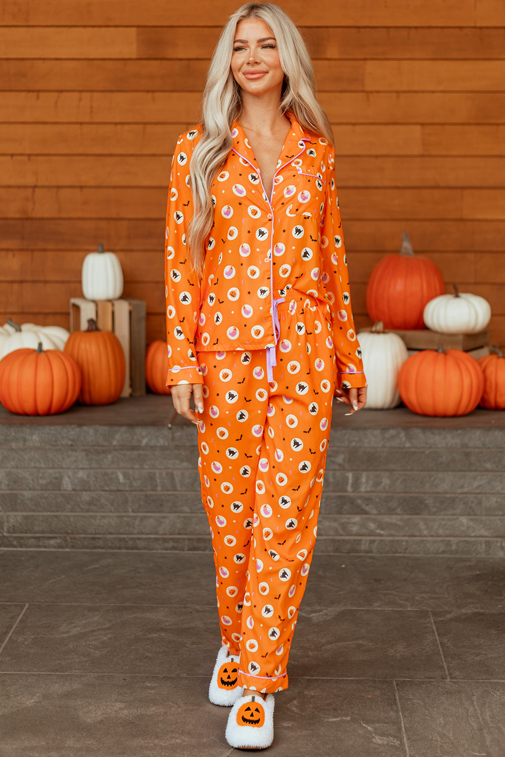 Orange Halloween Print Lapel Shirt and Pants Pajama Set