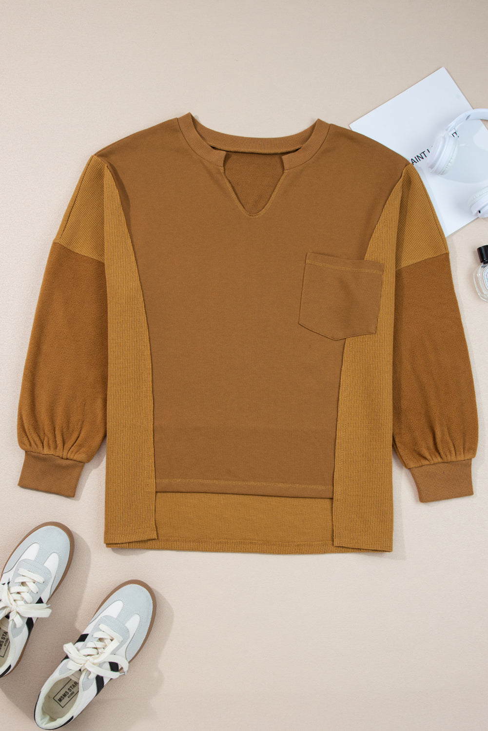 Oversized Mixed Textured Split Neck High Low Patchwork Sweatshirt