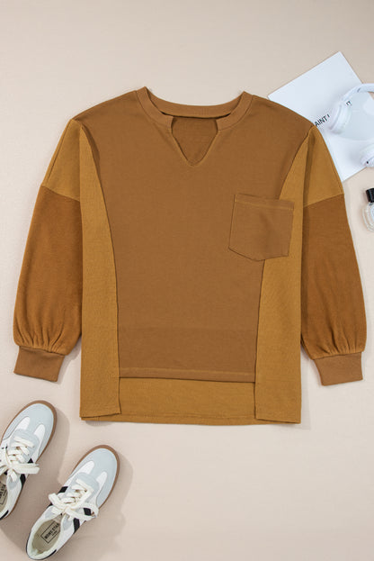 Oversized Mixed Textured Split Neck High Low Patchwork Sweatshirt