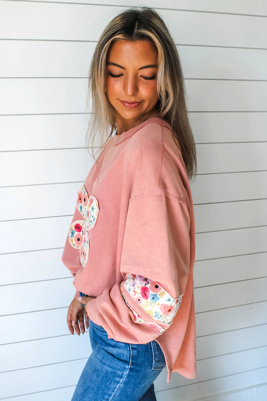 Peach Flower Applique Patchwork Drop Sleeve Pullover Sweatshirt