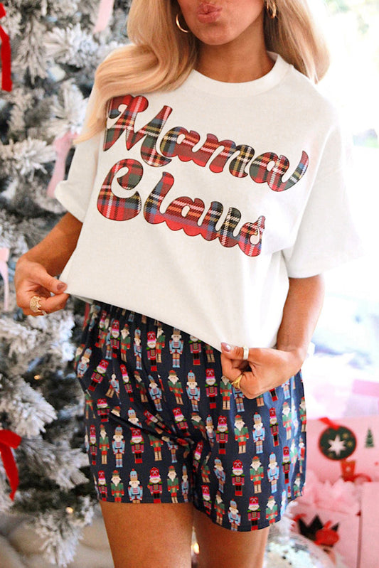 Mama Claus Plaid Letter Tee Nutcracker Shorts Two Piece Pajama Lounge Set