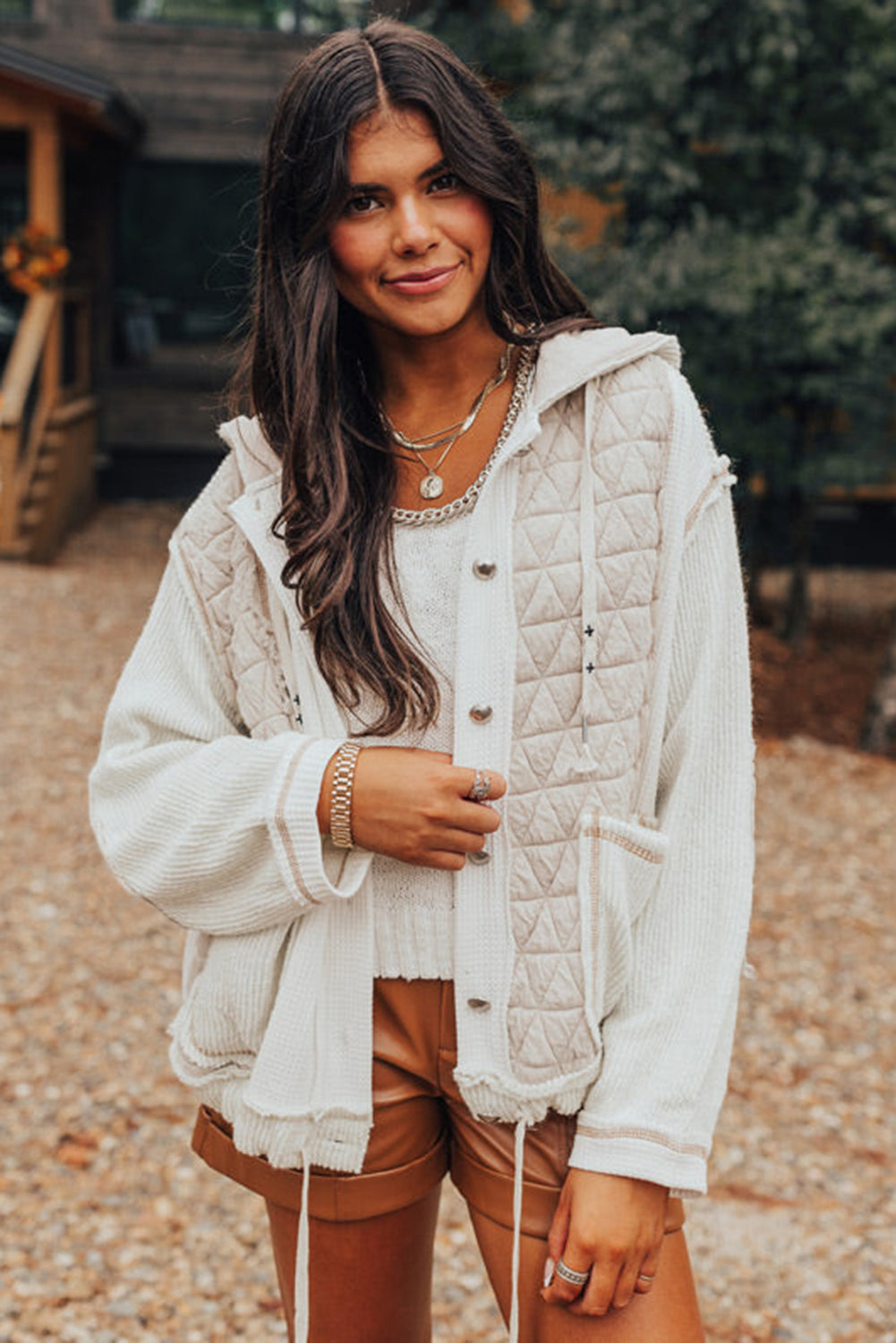 Beige Quilted Textured Patchwork Hooded Jacket