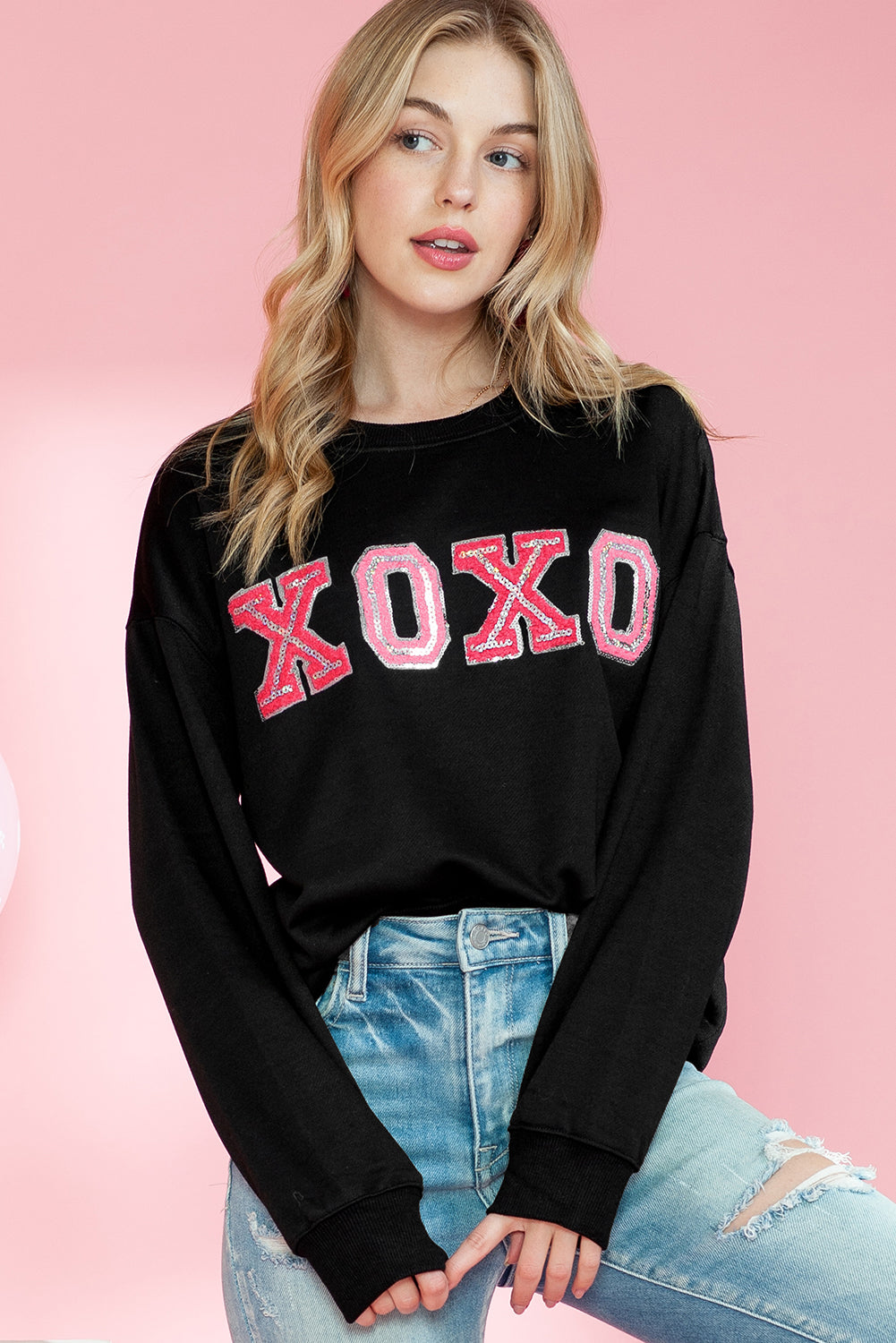 Black Valentine Shiny XOXO Letter Graphic Sweatshirt