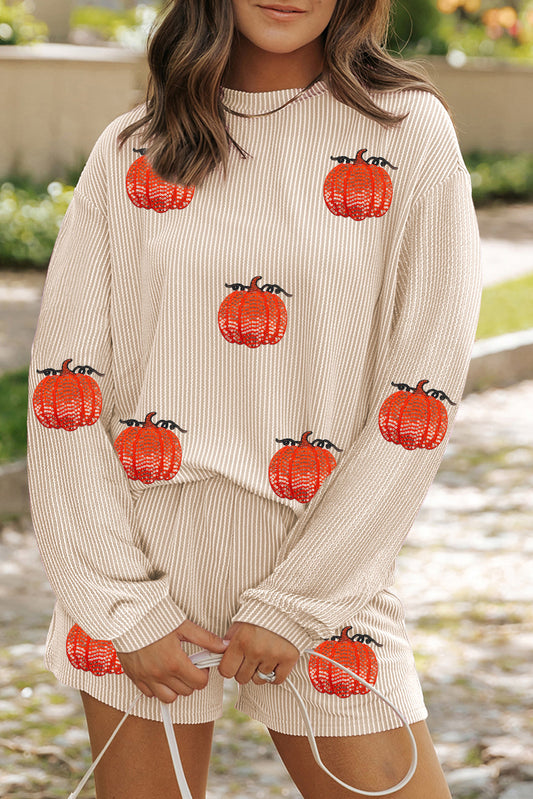 Twisted Rib Sequin Pumpkin Patched Long Sleeve Pullover and Shorts Set