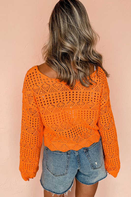Carrot Orange Solid Color Crochet Scallop Edge Sweater