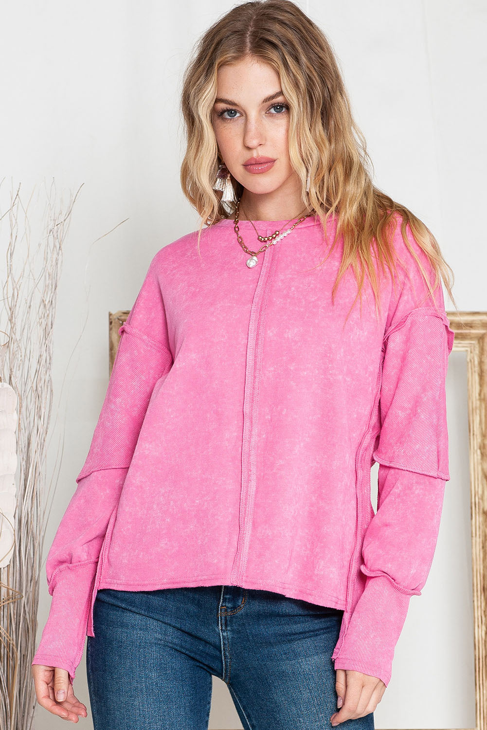 Rose Drop Sleeve Exposed Seam Pullover Sweatshirt