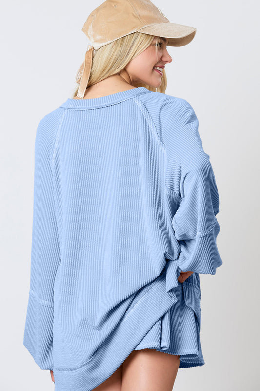Sky Blue Corded Lantern Sleeve Pullover Ruffle Mini Skirt Set