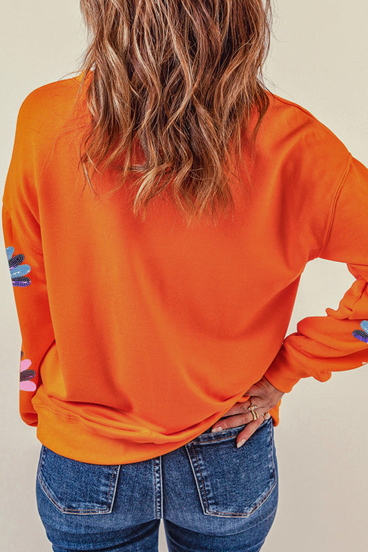 Orange Colorful Sequin Turkey Thanksgiving Graphic Sweatshirt