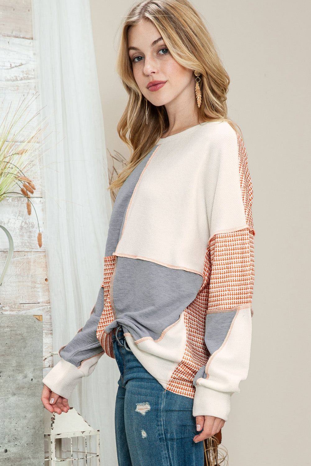 Multicolor Exposed Seam Color Block Pullover Long Sleeve Top