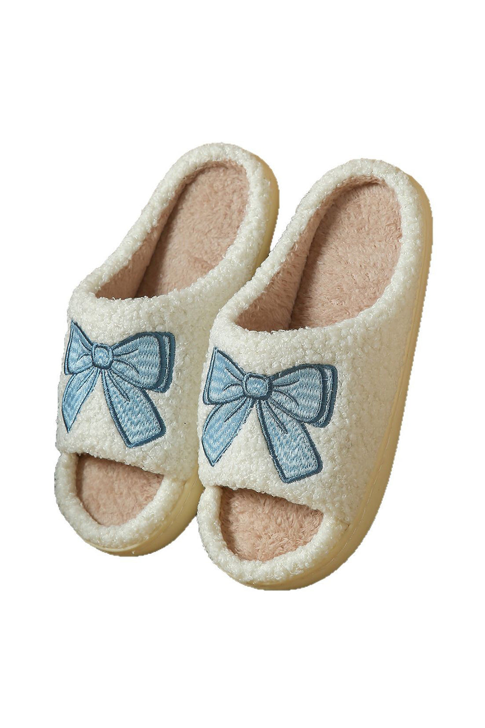 Fuzzy Embroidered Bow Open-Toe Slippers – Soft, Sweet & Cozy
