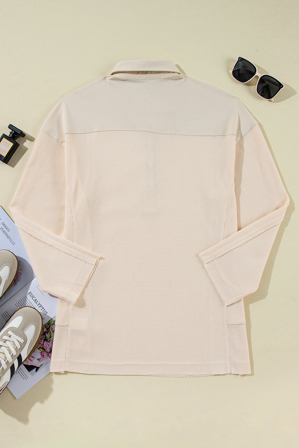 Pink Waffle Patchwork Drop Sleeve Henley Top