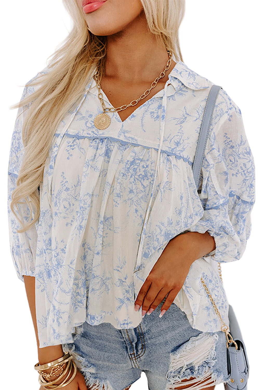 Sky Blue Floral 3/4 Sleeve Lace-up Collar Blouse