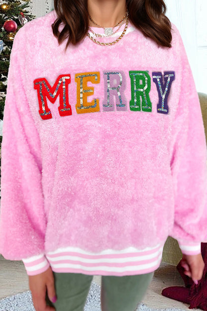 Pink Merry Letter Pattern Plush Pullover