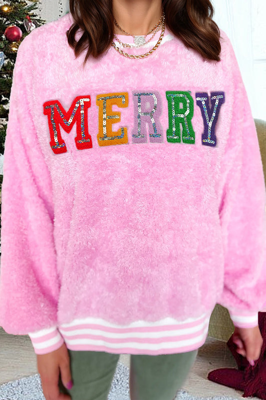 Pink Merry Letter Pattern Plush Pullover