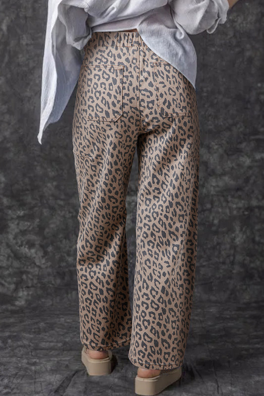 Leopard Print Wide-Leg Jeans with Drawstring Waist & Side Pockets