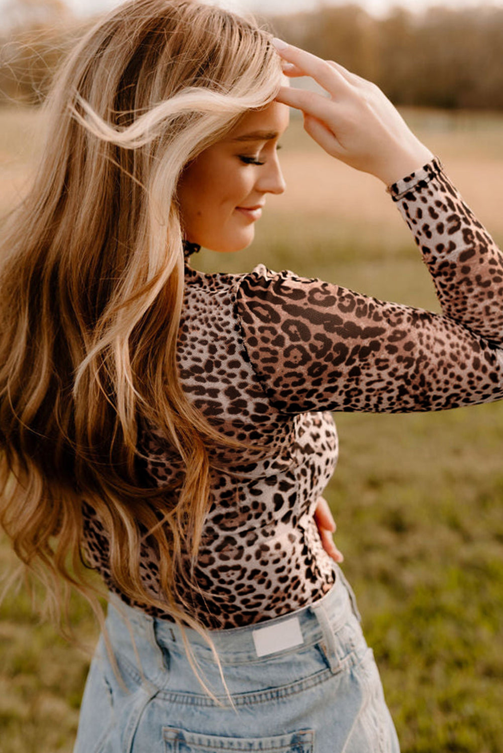 Leopard Mesh Smocked Neck Long Sleeve Bodysuit