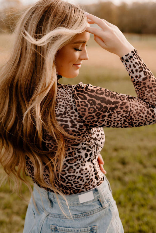 Leopard Mesh Smocked Neck Long Sleeve Bodysuit