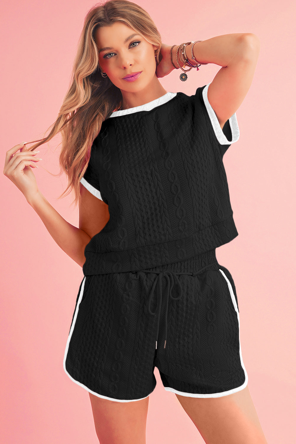 Black Textured Contrast Trim Tee & Drawstring Shorts Set