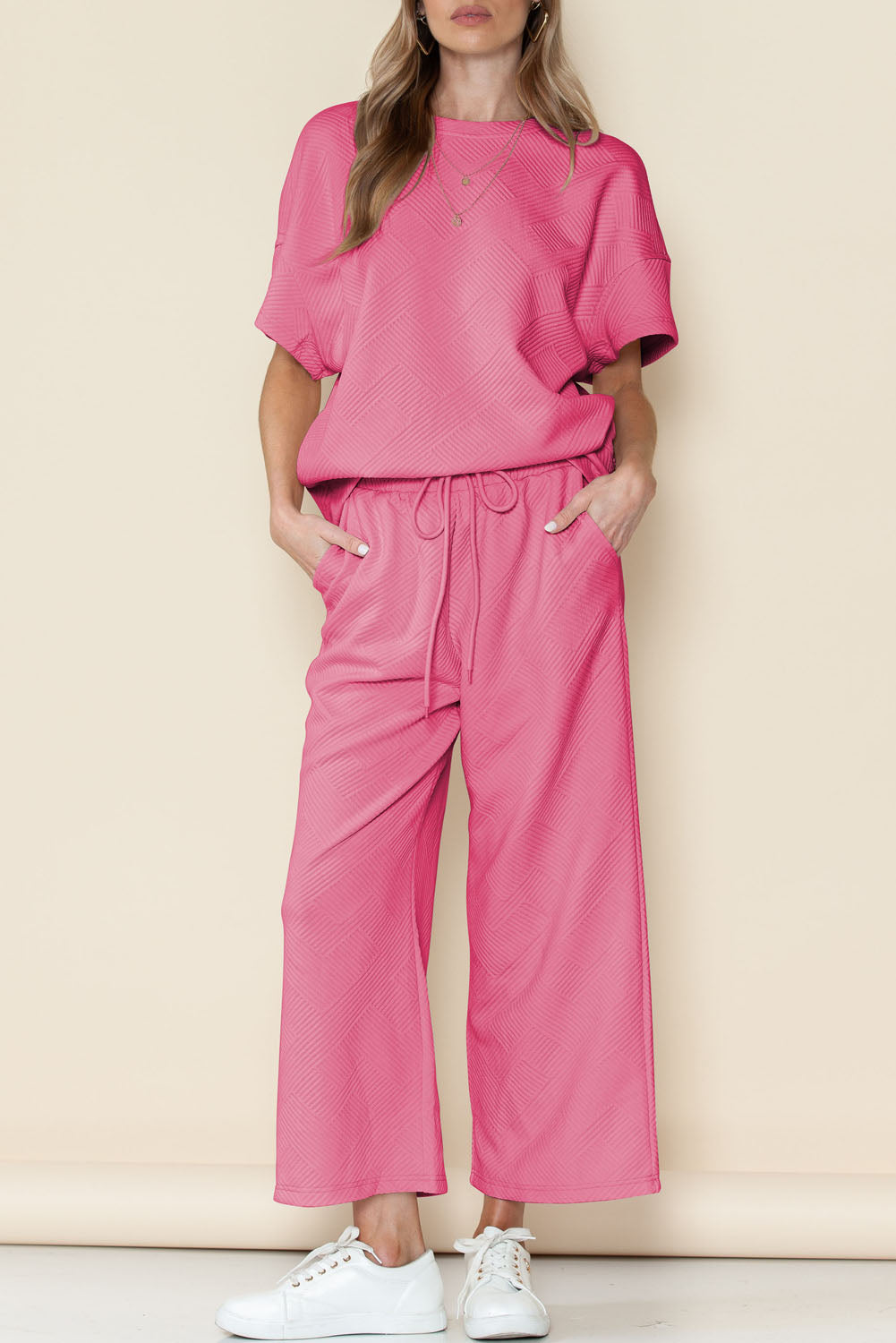 Strawberry Pink Textured Loose Fit T Shirt & Drawstring Pants Set