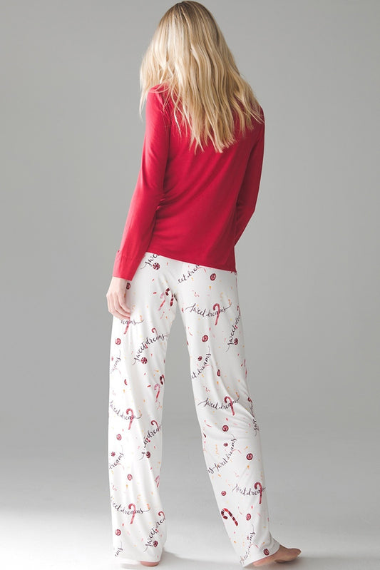 Red Solid Top and Christmas Print Pants Pajama Set