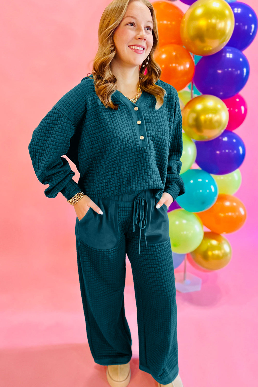 Checkered Texture Hooded Top and Loose Pants Set